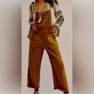Free People Brown Cotton Linen Overalls Jumpsuit S